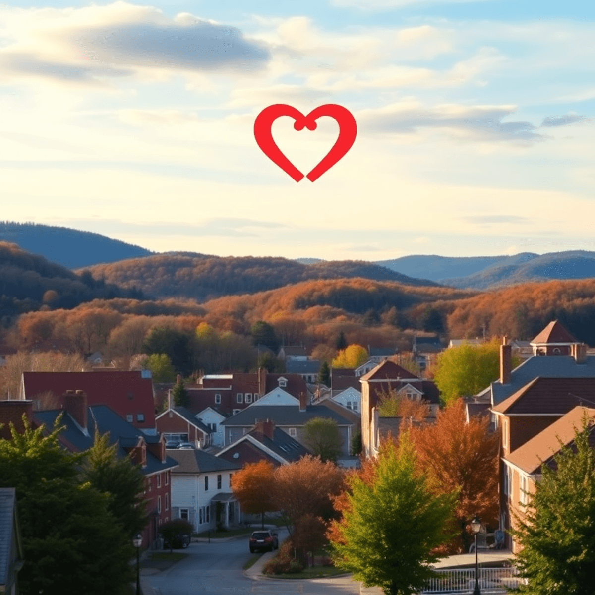 A scenic view of Canaan, Connecticut, featuring charming hills and subtle symbols of connection like heart shapes in the landscape, evoking communi...