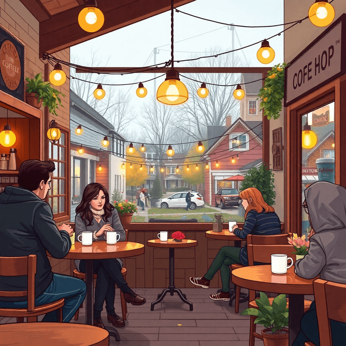 A cozy coffee shop scene with warm lighting, people enjoying coffee and chatting, a live music setup, and a view of an outdoor park reflecting seas...