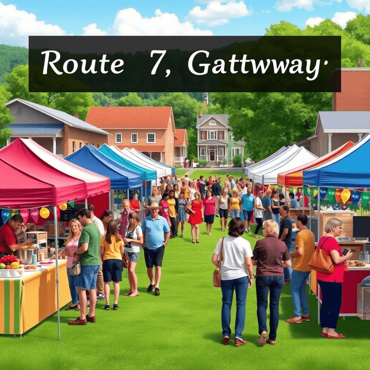 A lively community festival in a small town, featuring colorful tents, food stalls, live music, and people mingling amidst festive decorations.