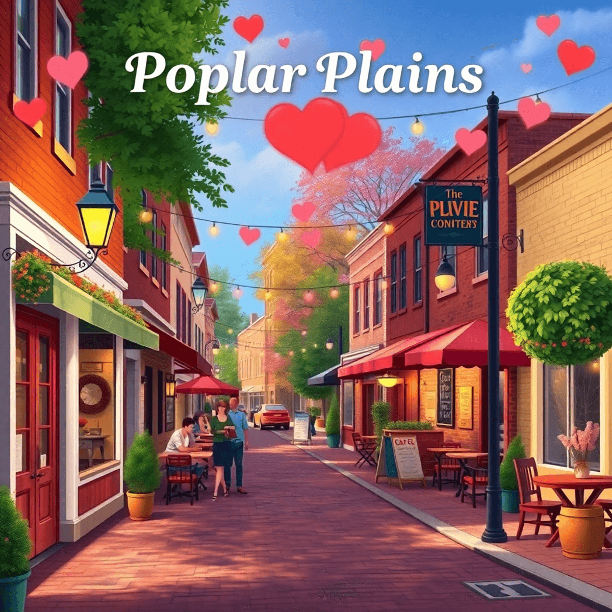 A warm small-town street in Poplar Plains, featuring cozy cafes and local spots, with subtle hearts in the background, creating a romantic and invi...