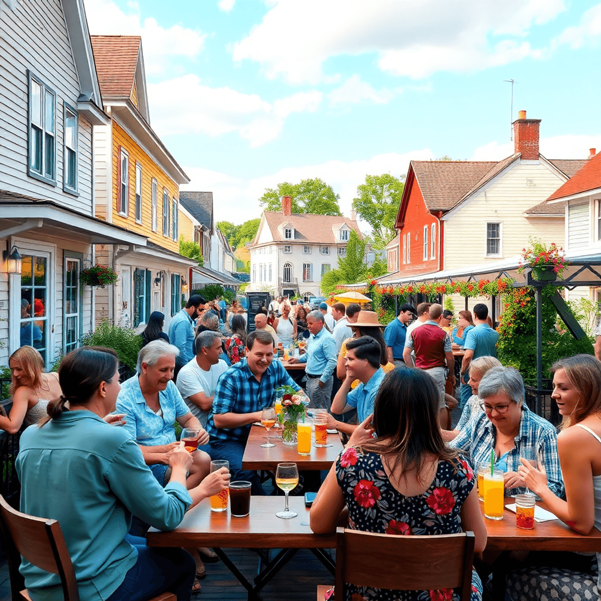 A lively outdoor gathering in Groton, Connecticut, featuring tables of food, people laughing and mingling, with charming local architecture and bea...