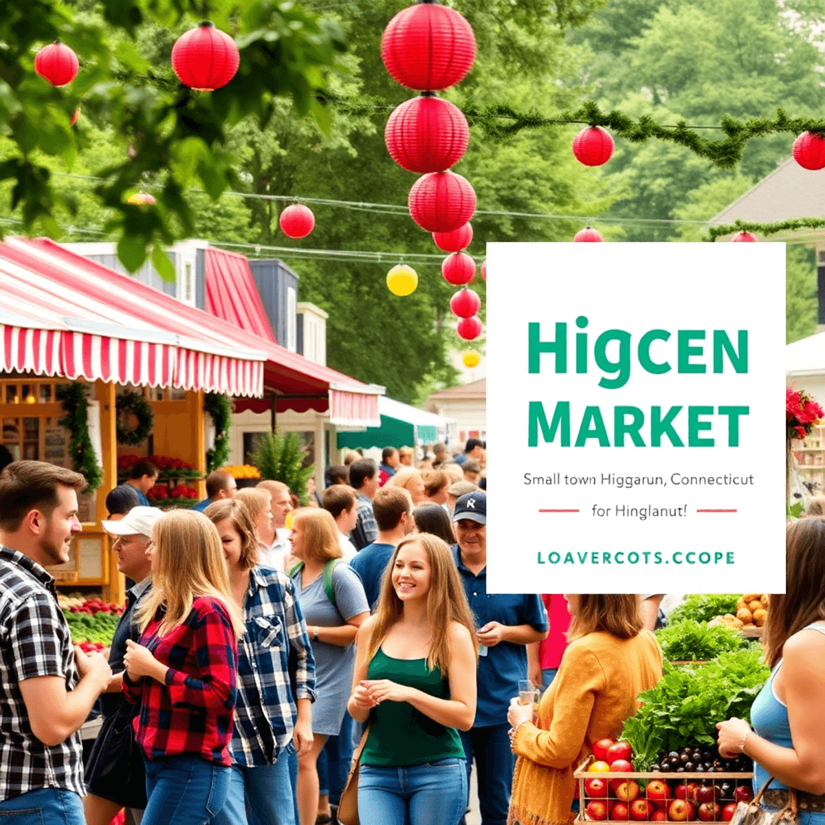 A lively farmers' market in Higganum, Connecticut, with colorful stalls of fresh produce and people chatting and laughing amidst greenery and festi...