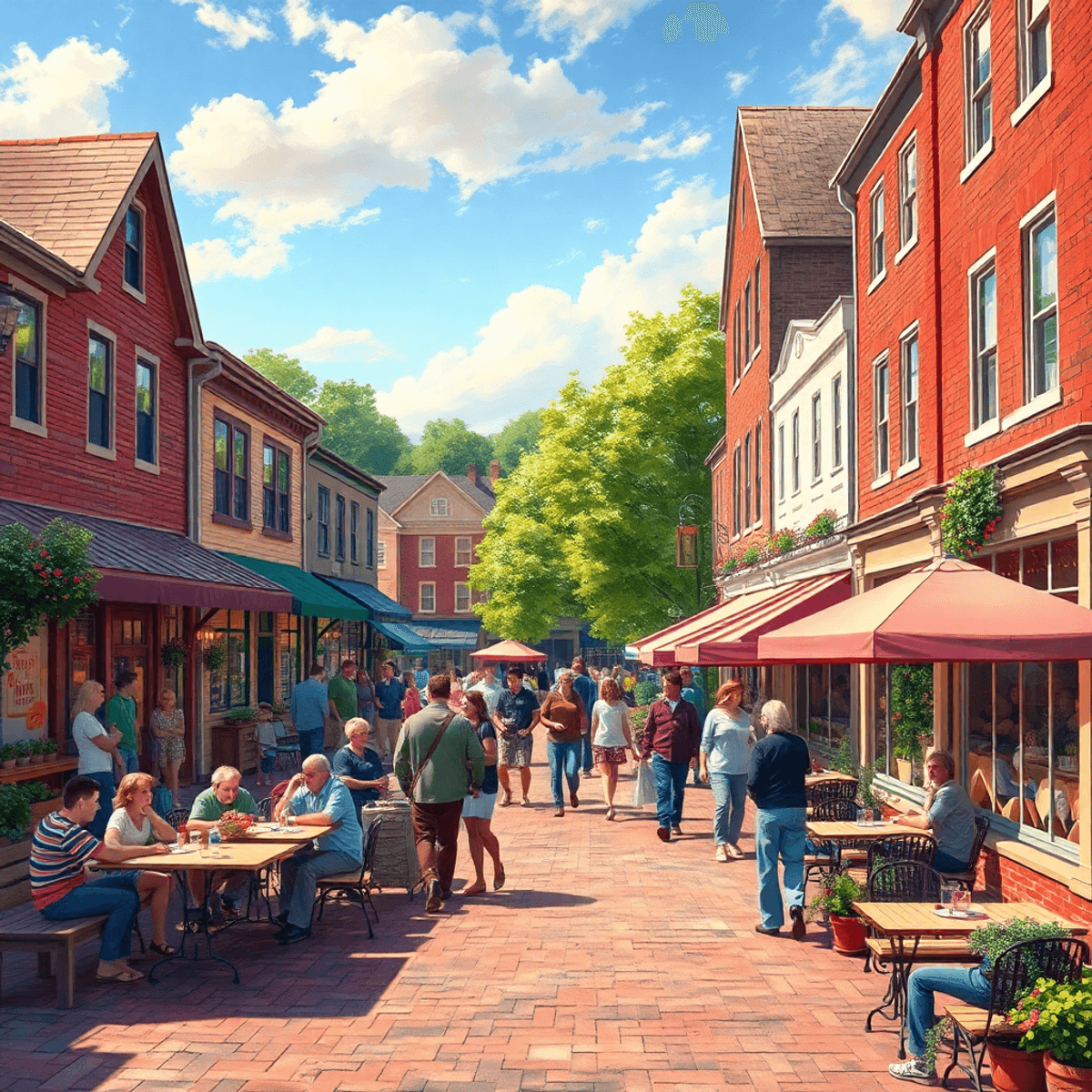 A vibrant small-town square in Woodbury Center, Connecticut, bustling with people enjoying outdoor activities, socializing at a café, and engaging ...