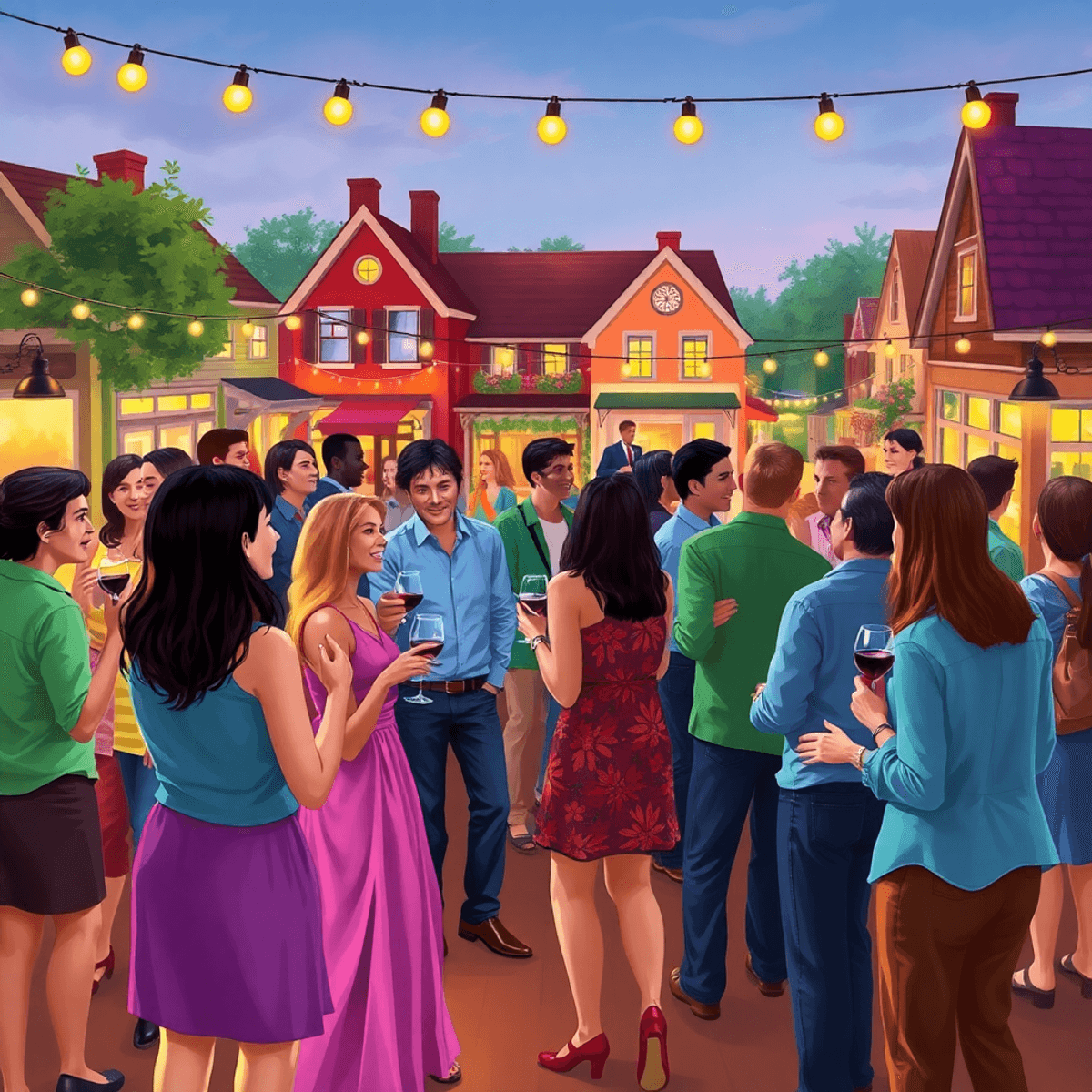 A lively social event in a small town, with singles enjoying wine tasting and dancing amidst charming local architecture and vibrant outdoor scener...