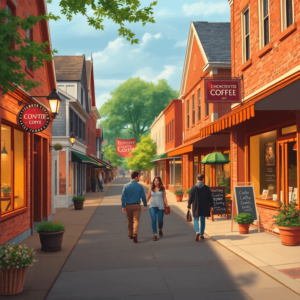 A quaint small-town street in Chester Center, Connecticut, with cozy coffee shops and a couple walking hand-in-hand, creating a warm and inviting r...