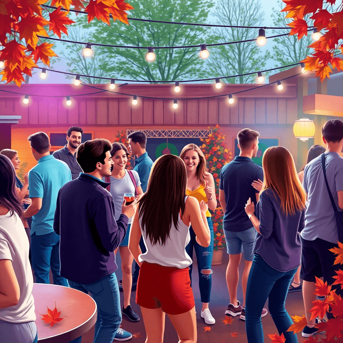 A lively singles event in Canton Valley, Connecticut, with young adults dancing and mingling among autumn leaves and rustic decor, creating a warm ...