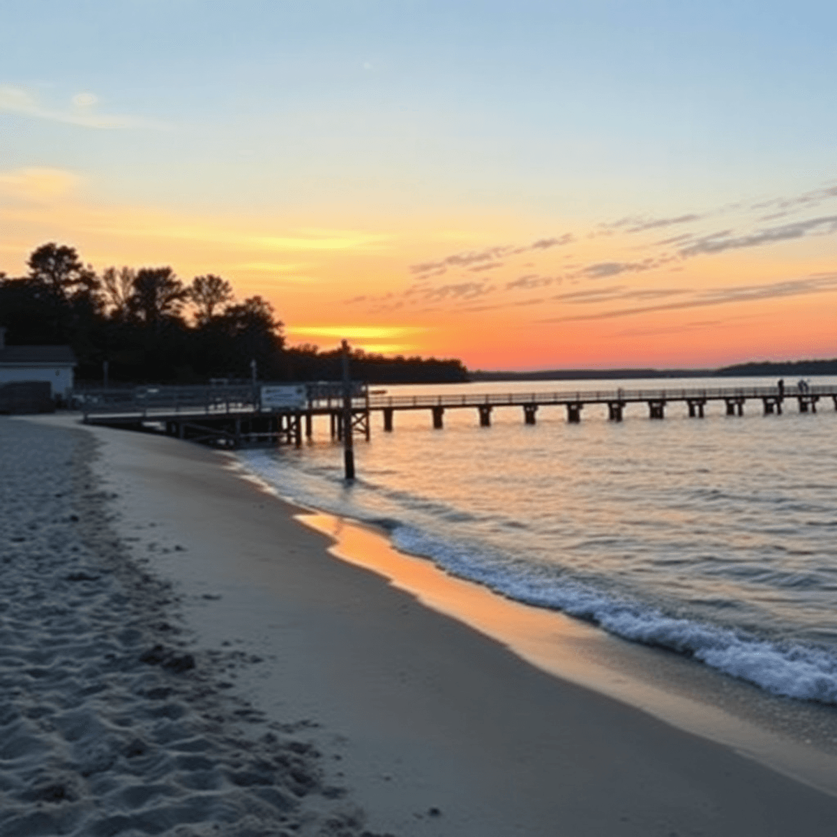 A serene sunset over the Connecticut River, with sandy beaches, gentle waves, and scenic boardwalks, creating a romantic and tranquil atmosphere.