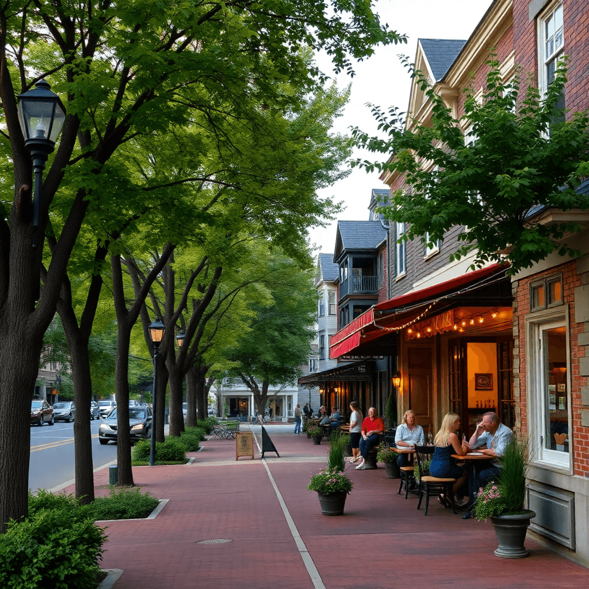 A charming suburban street in Wilton Center, Connecticut, with tree-lined sidewalks, historic buildings, and a cozy coffee shop with outdoor seatin...