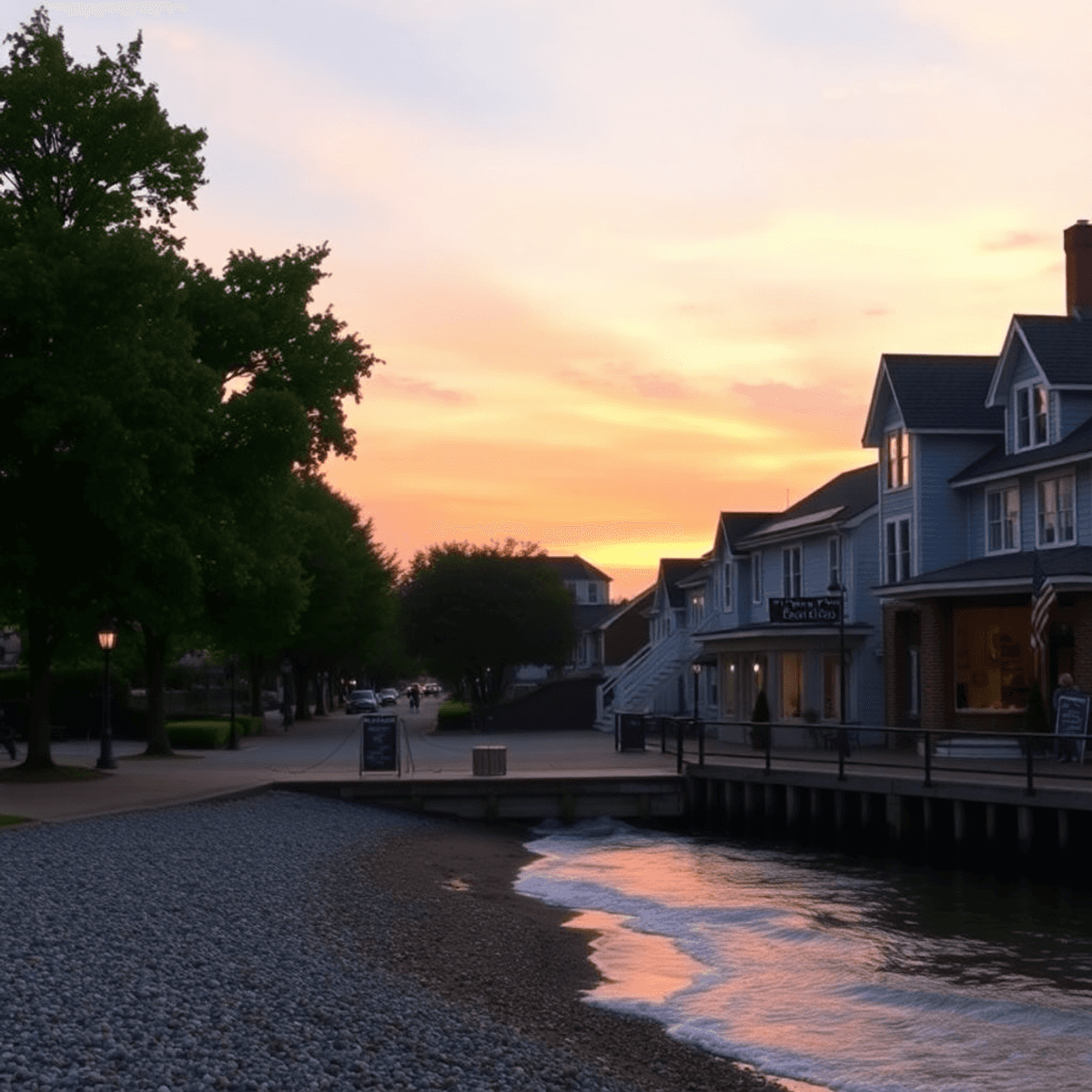 A stunning sunset over the shoreline in Old Greenwich, Connecticut, with gentle waves, tree-lined streets, and charming boutique shops, embodying r...