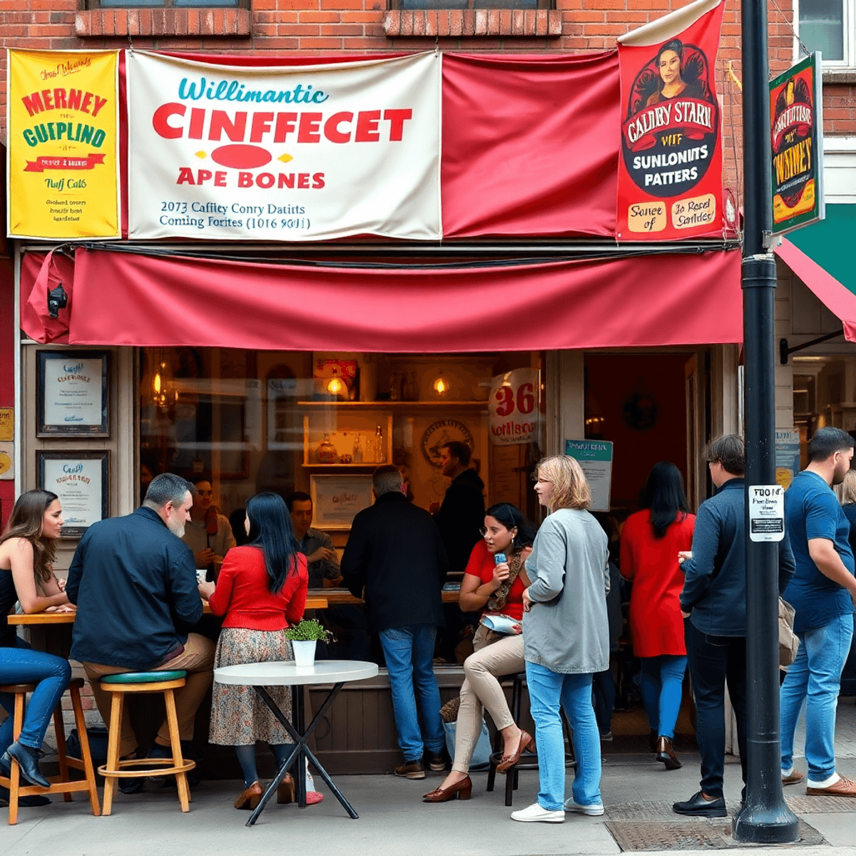 A lively street scene in Willimantic, Connecticut, featuring a cozy coffee shop with singles chatting and colorful event banners creating an inviti...