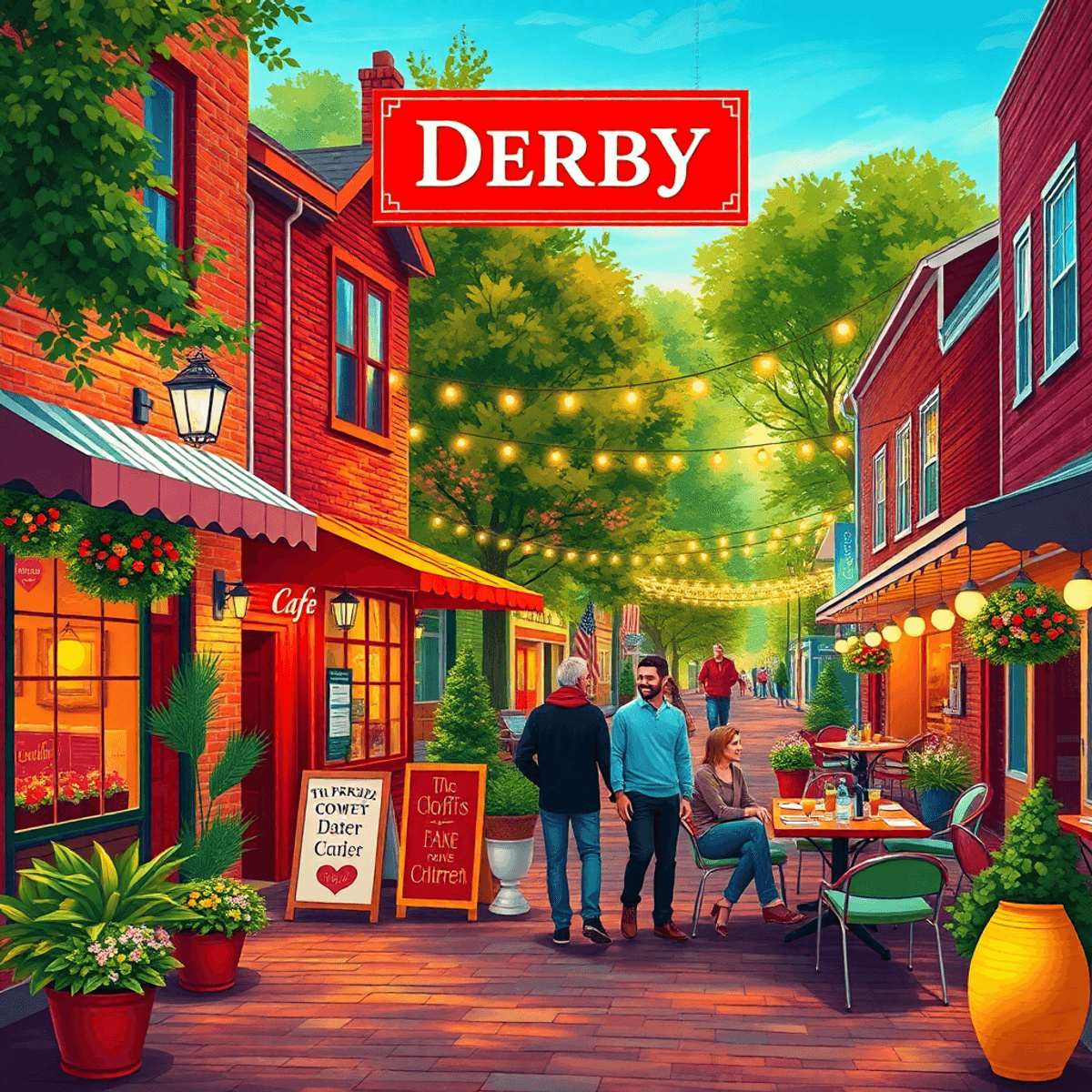 A charming small-town street in Derby, Connecticut, with cozy cafes, outdoor dining, twinkling lights, and couples enjoying a romantic evening toge...