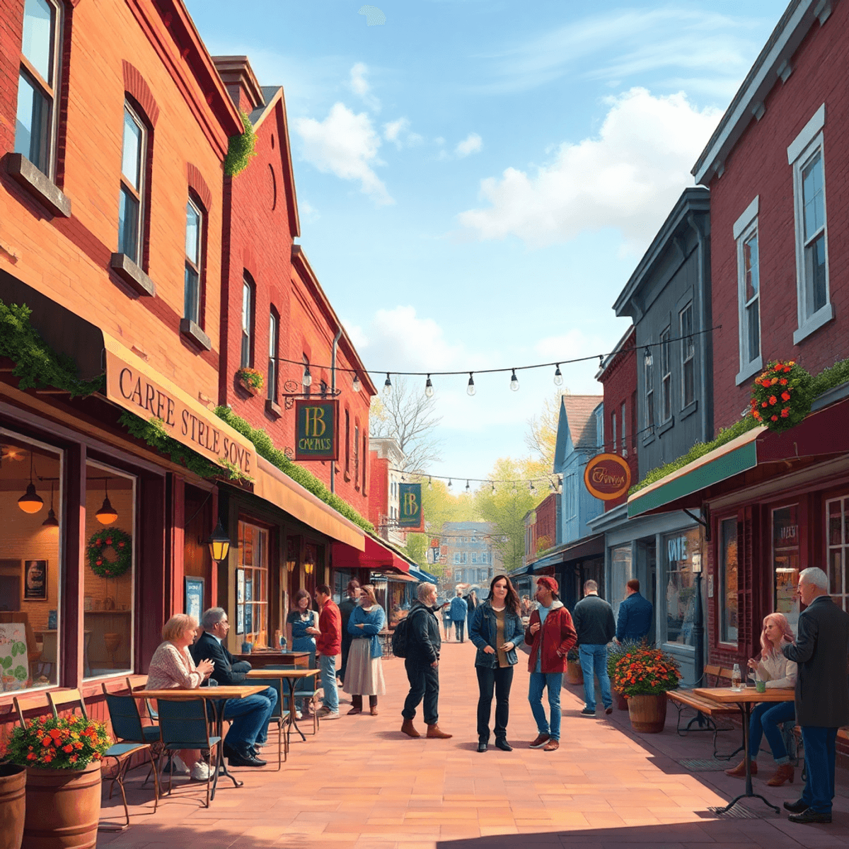 A lively small-town street in Hazardville, Connecticut, filled with cozy cafes and shops, where people socialize and enjoy the warm, inviting atmos...