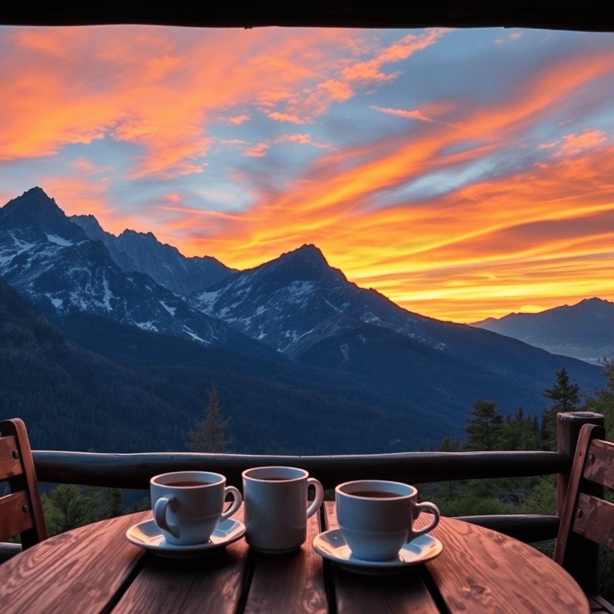 A cozy café table with two coffee cups in the foreground, overlooking the Rocky Mountains at sunset, creating a romantic and serene atmosphere.