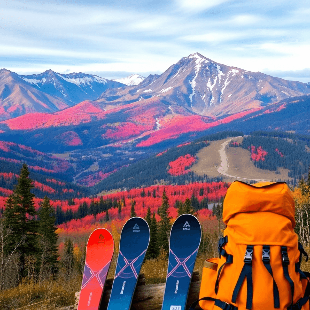 A vibrant autumn landscape of Mount Crested Butte, featuring colorful foliage, hiking trails, ski slopes, and outdoor gear like skis and backpacks.