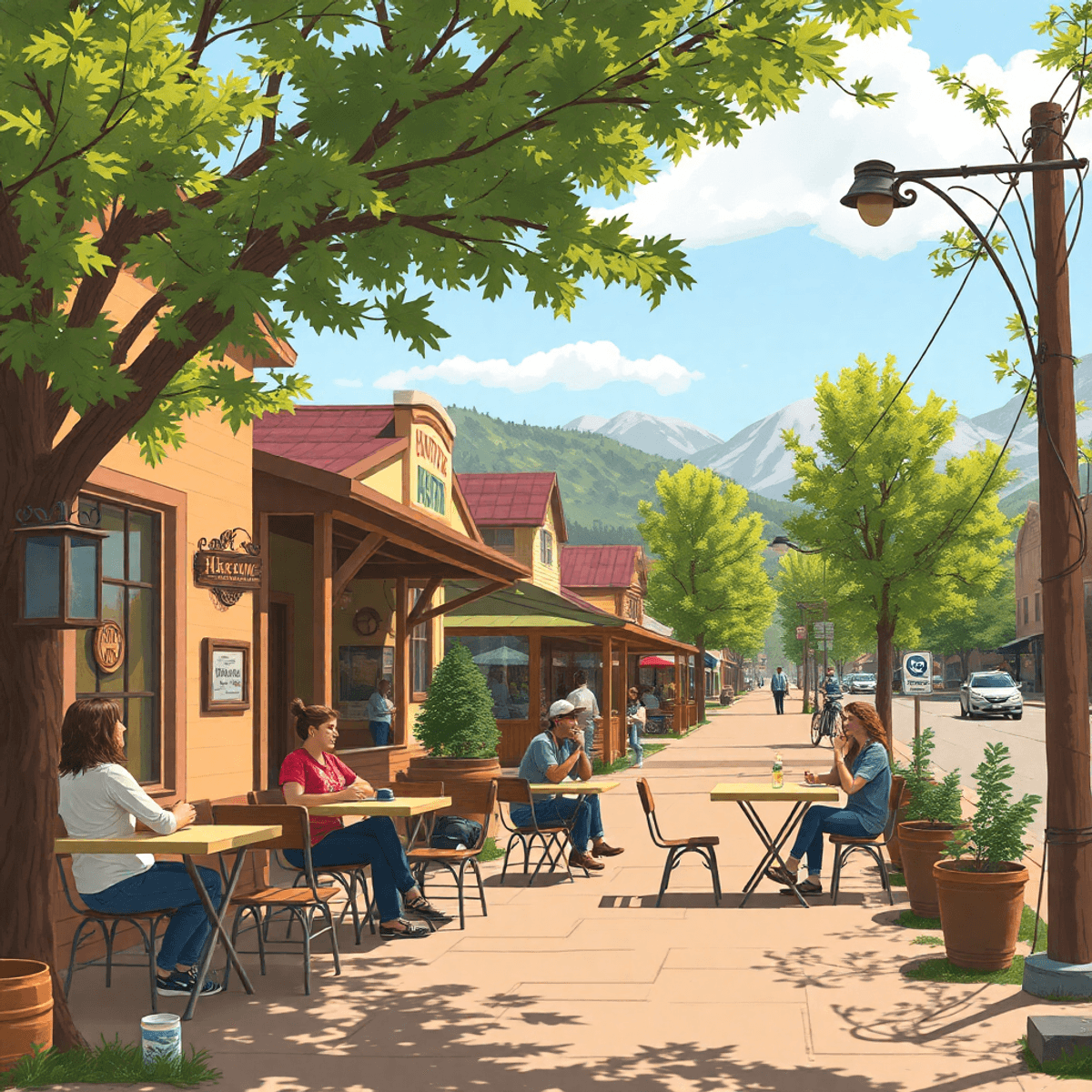 A cozy café with outdoor seating in a small town, surrounded by trees and community members chatting, conveying warmth and friendliness.