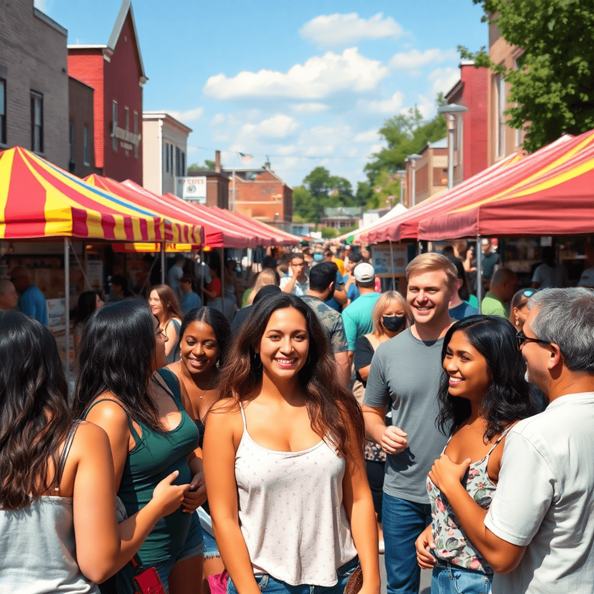 A lively small-town festival in Thompsonville, Connecticut, with colorful market stalls, people enjoying local foods, and singles mingling in a fes...