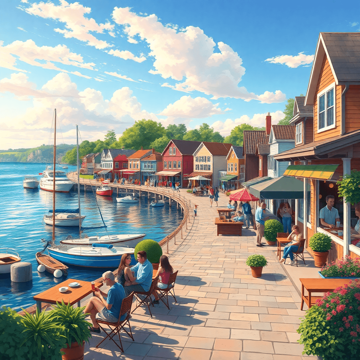 A picturesque coastal town with waterfront views, cozy cafes, outdoor seating, and people enjoying community events, capturing a sense of connectio...