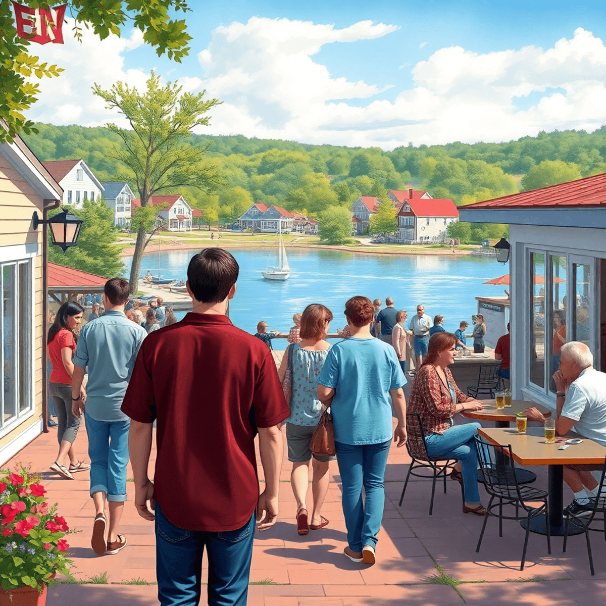 A lively small-town gathering by Highland Lake, with couples walking, friends chatting at a coffee shop, and a local event in a charming Connecticu...