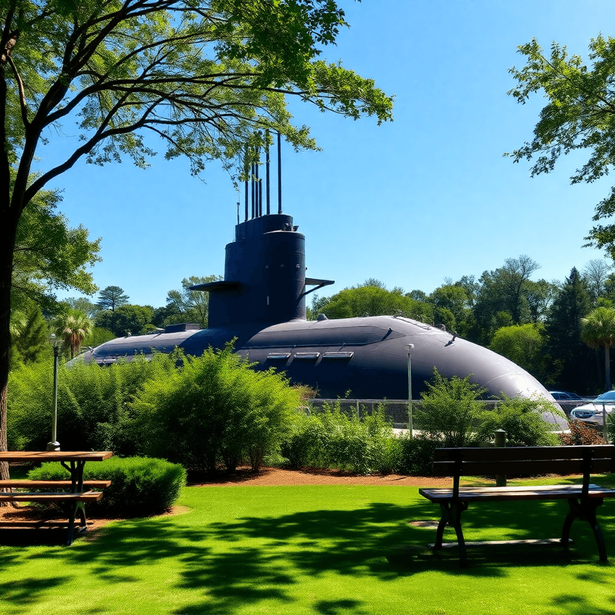 A scenic view of the USS Nautilus at Conning Towers Nautilus Park, surrounded by greenery and a clear blue sky, with park benches suggesting a roma...