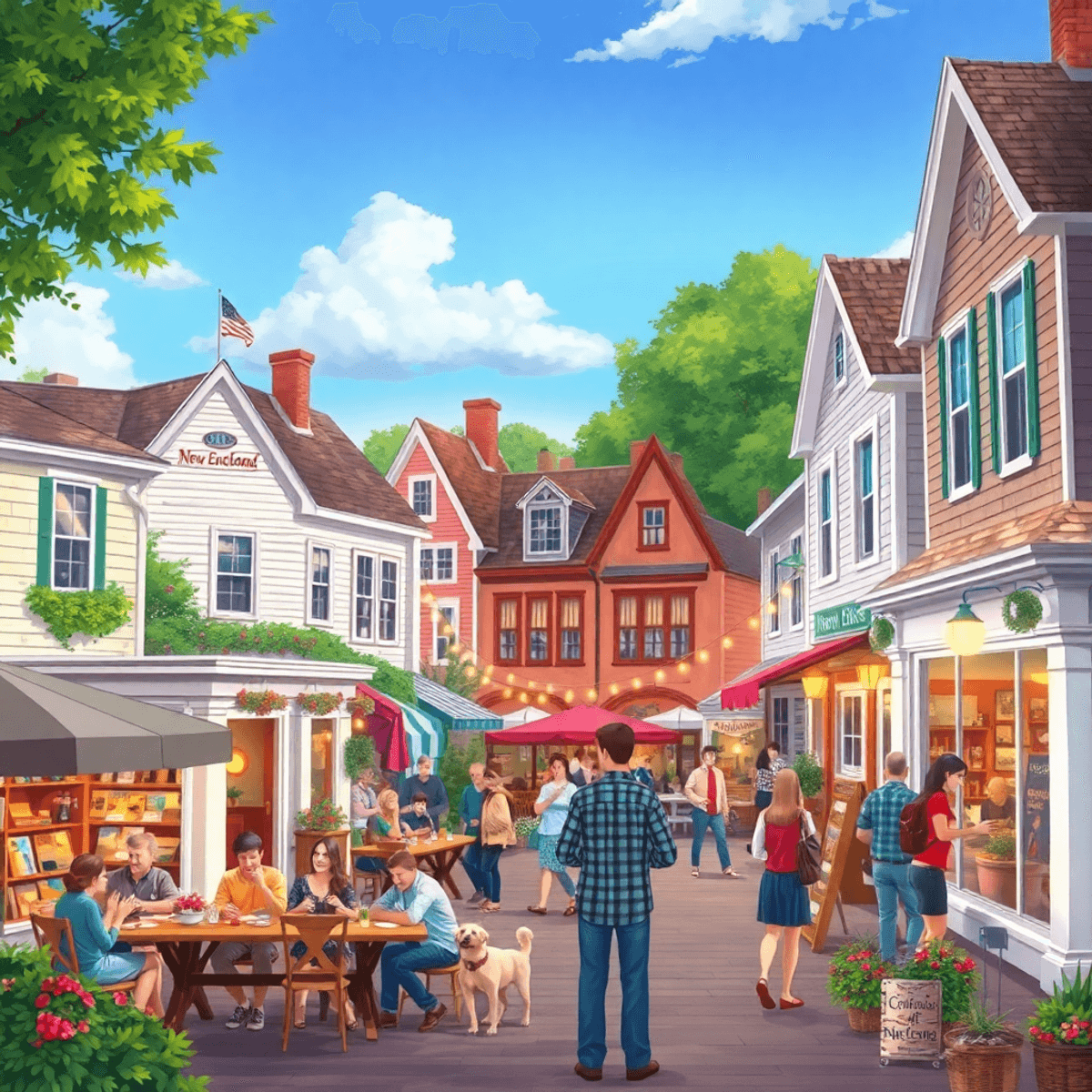 A picturesque New England town scene with quaint cafes, couples enjoying outdoor activities, vibrant social gatherings, and local art displays, con...