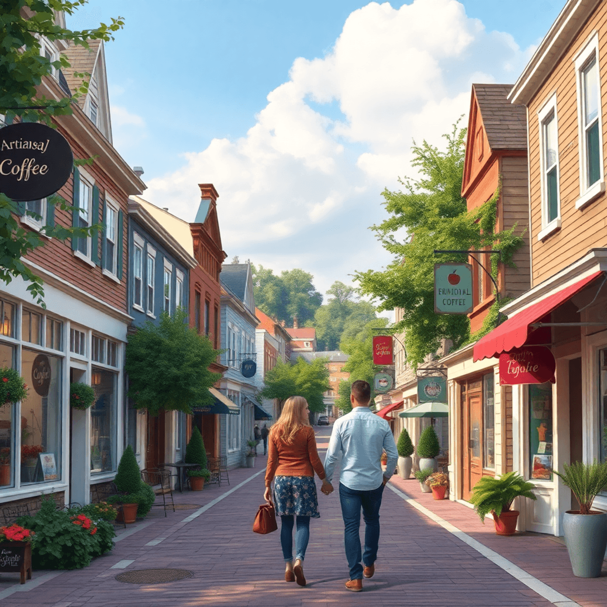A picturesque downtown street in a charming New England town, lined with boutique shops and coffee shops, with lush greenery and a couple walking h...