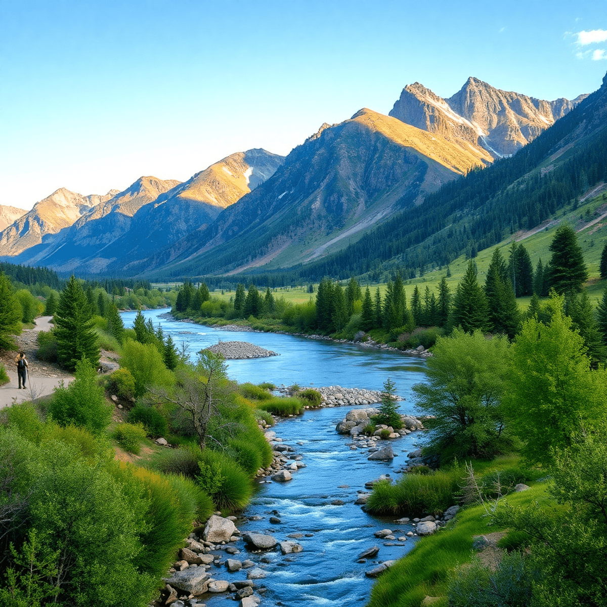 A serene river flows through lush greenery with majestic mountains in the background, inviting adventure and connection in a picturesque outdoor la...
