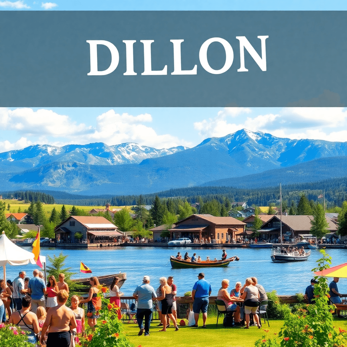 A vibrant summer scene in Dillon, Colorado, featuring the Rocky Mountains and a serene lake, with colorful banners and people enjoying sailing and ...