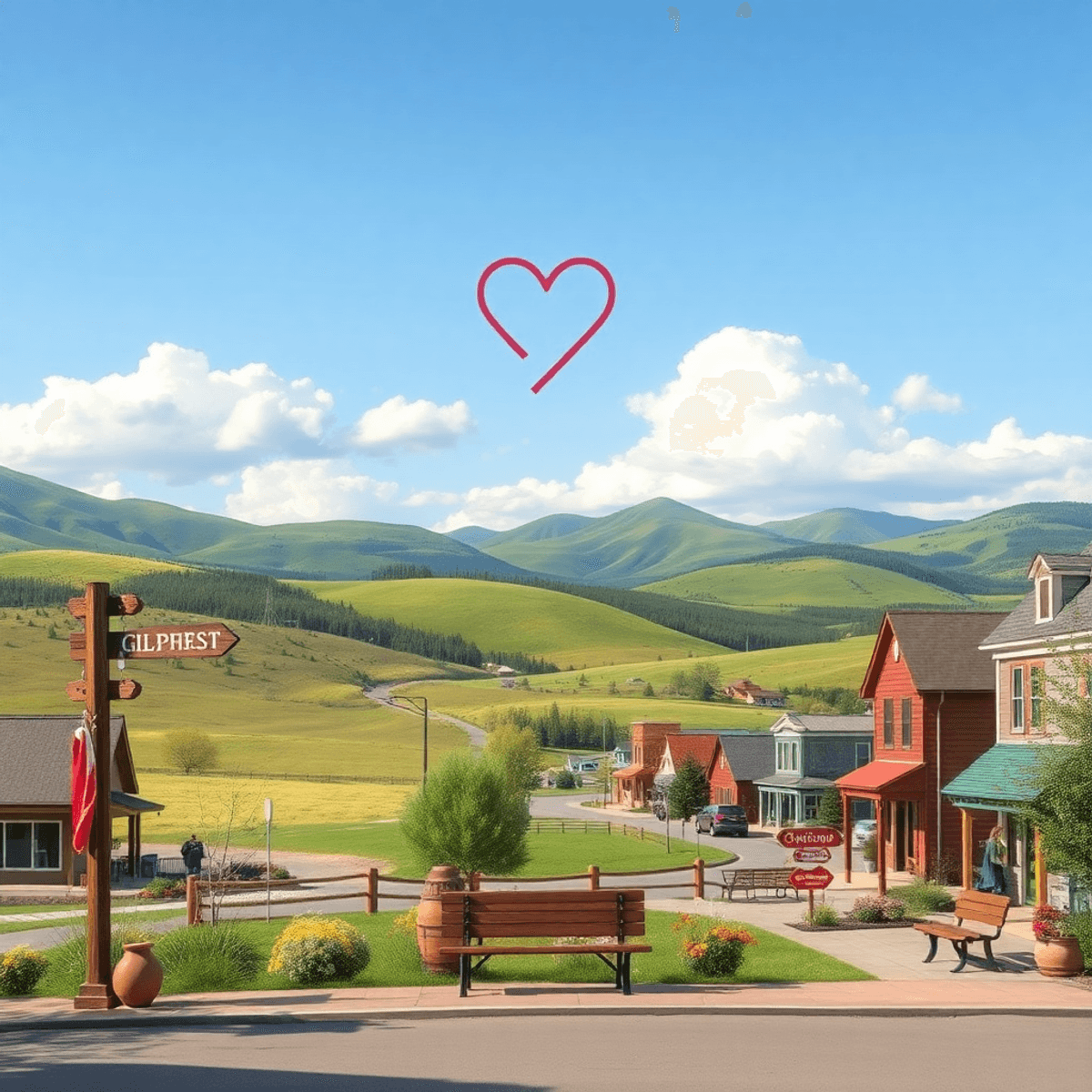 A cozy small-town landscape in Gilcrest, Colorado, with rolling hills, rustic signs, a heart shape subtly integrated into the scenery, and a quaint...