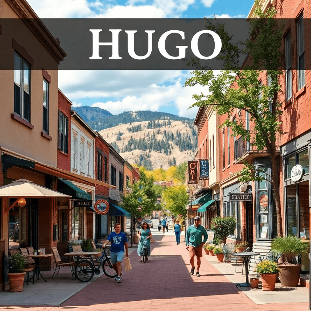 A charming small-town street in Hugo, Colorado, bustling with people walking and biking, surrounded by quaint cafes and local shops, exuding a warm...