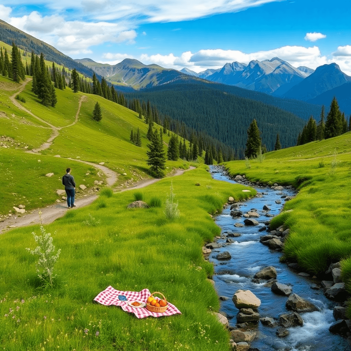 A scenic mountain landscape with a serene stream, lush greenery, hiking trails, and a picnic setup in a meadow, evoking tranquility and outdoor rom...