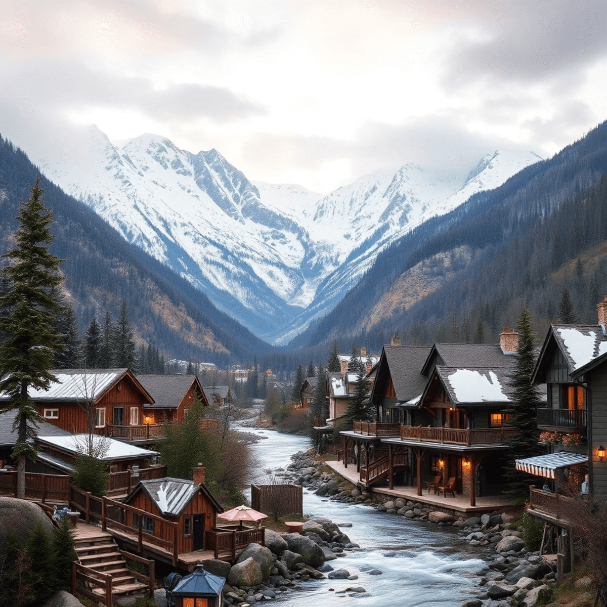 A picturesque small town nestled among snow-capped mountains, featuring hiking trails, a cozy brewery, a fishing spot by the river, and outdoor act...
