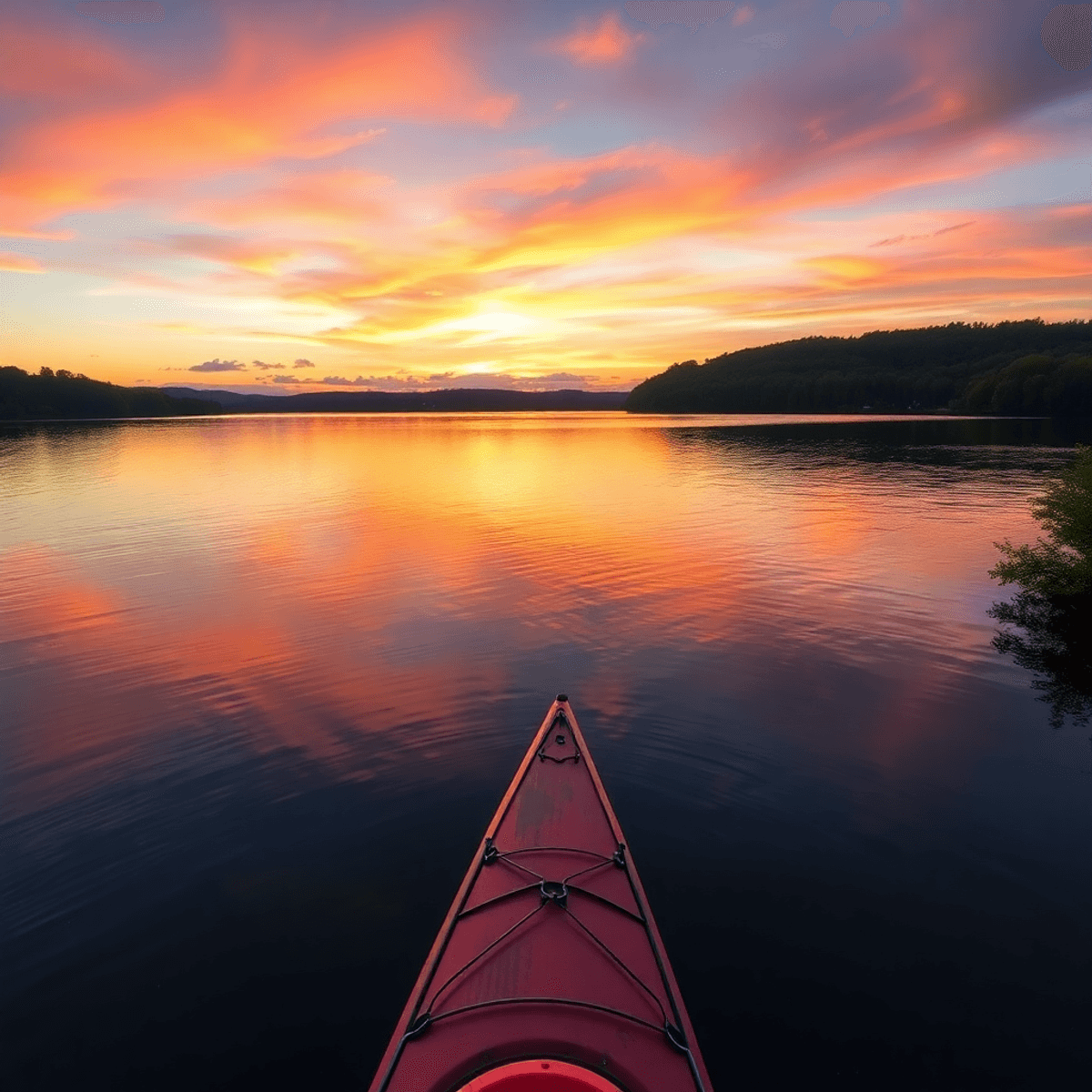 A tranquil sunset over Coventry Lake, with calm waters reflecting vibrant colors and a kayak floating amidst lush greenery, creating a serene outdo...