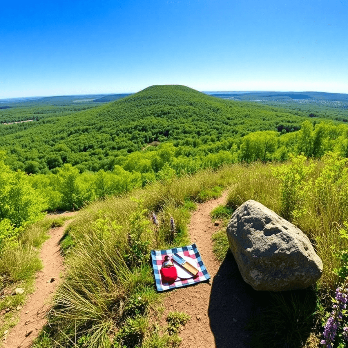A picturesque view of Sleeping Giant State Park featuring lush greenery, hiking trails, a bright blue sky, and a heart-shaped rock near a cozy picn...