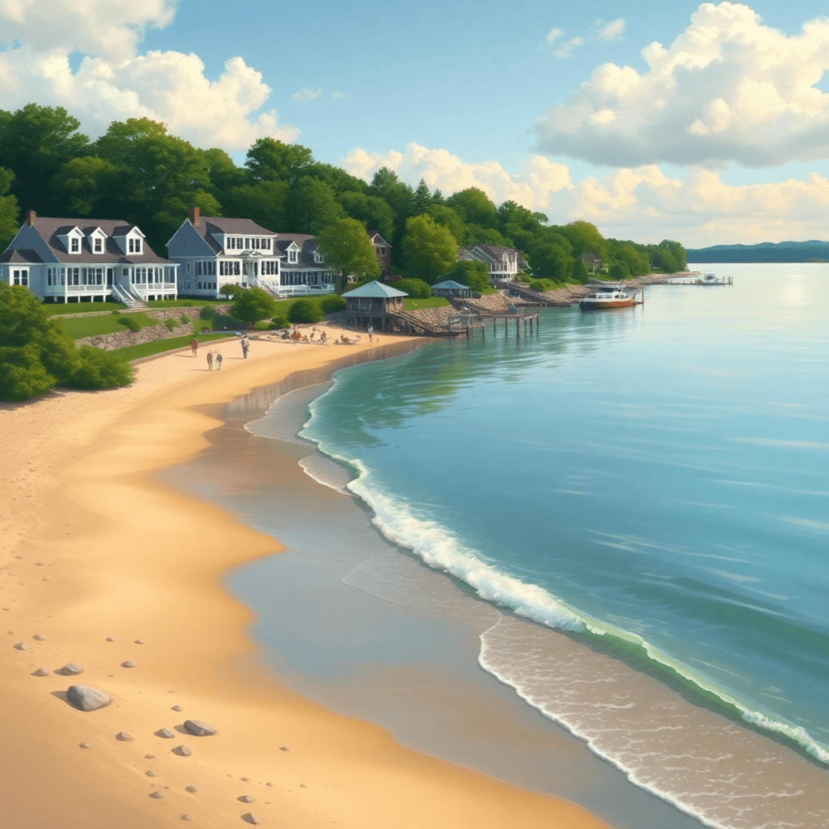 A serene beach in Tokeneke, Connecticut, with gentle waves, lush greenery, and elegant waterfront homes, capturing the charm of outdoor activities ...