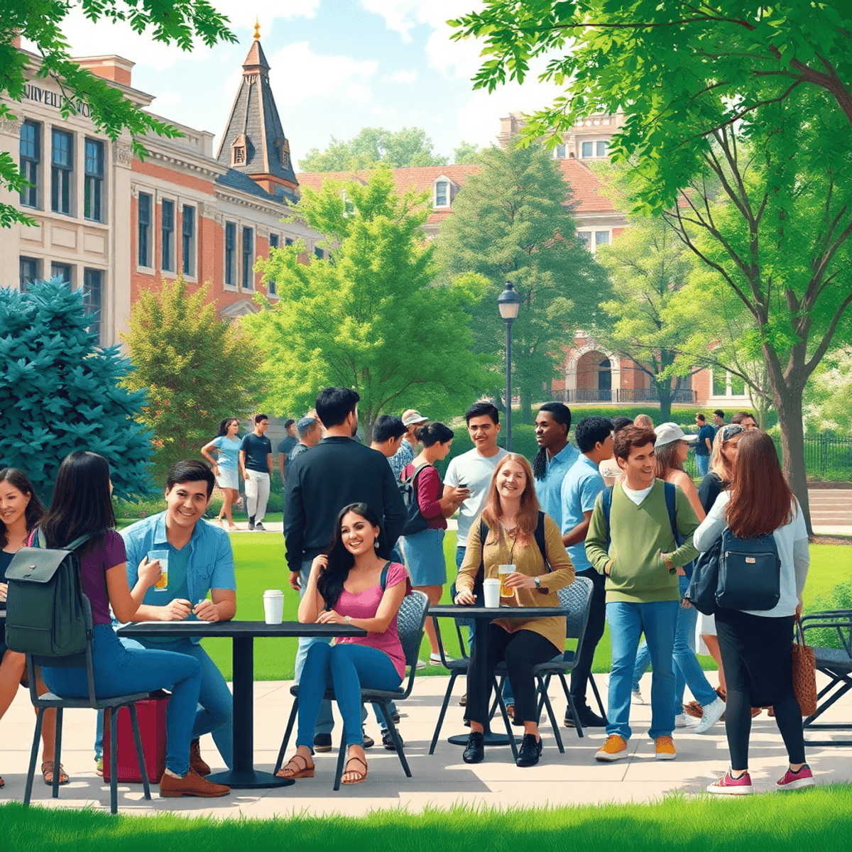 A lively college campus scene with students socializing over coffee, participating in club events, and enjoying outdoor gatherings amidst iconic ar...