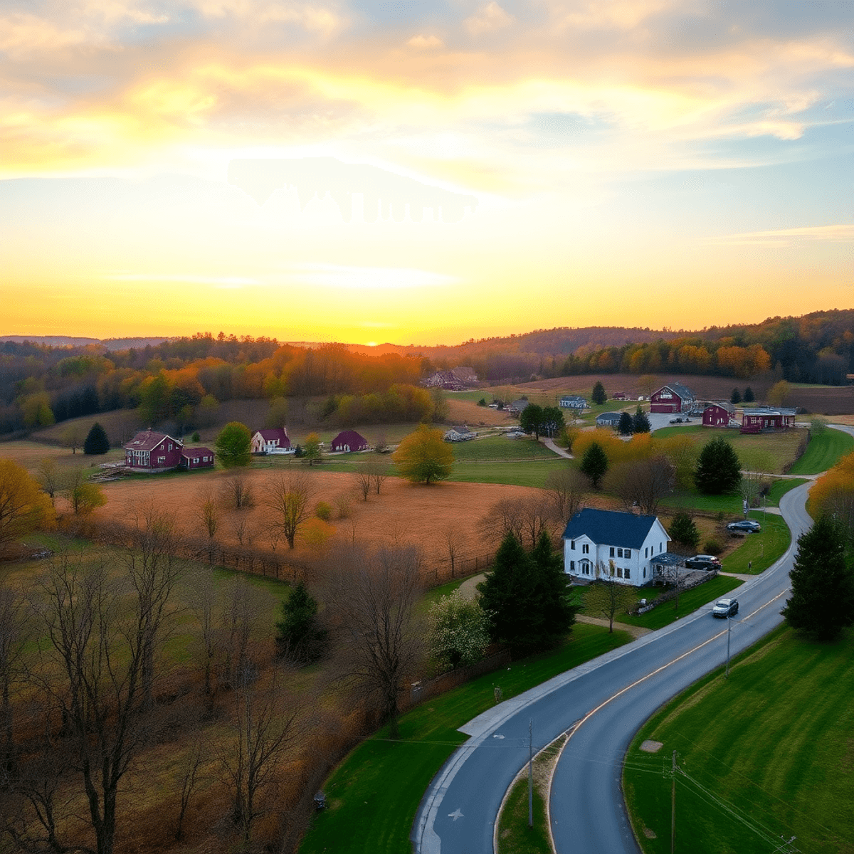 A serene rural landscape in Bethlehem Village, Connecticut, showcasing rolling hills, historic farmhouses, woodlands with trails, and a romantic su...