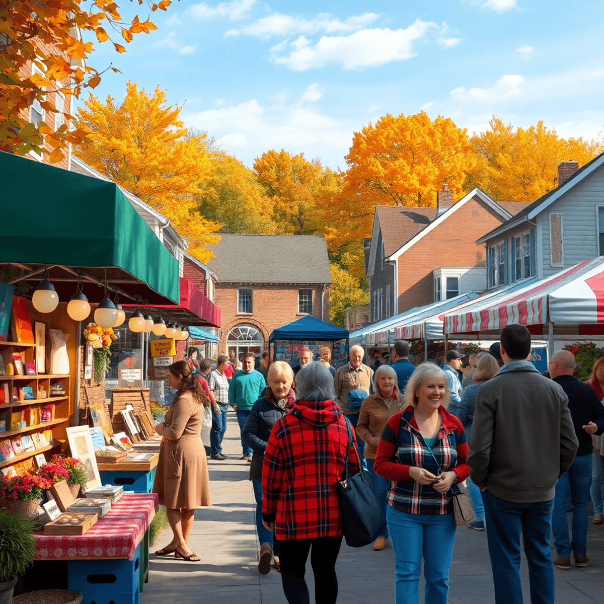 A vibrant small-town festival in Plainfield Village, with colorful stalls, joyful people chatting, and a backdrop of autumn leaves, embodying commu...