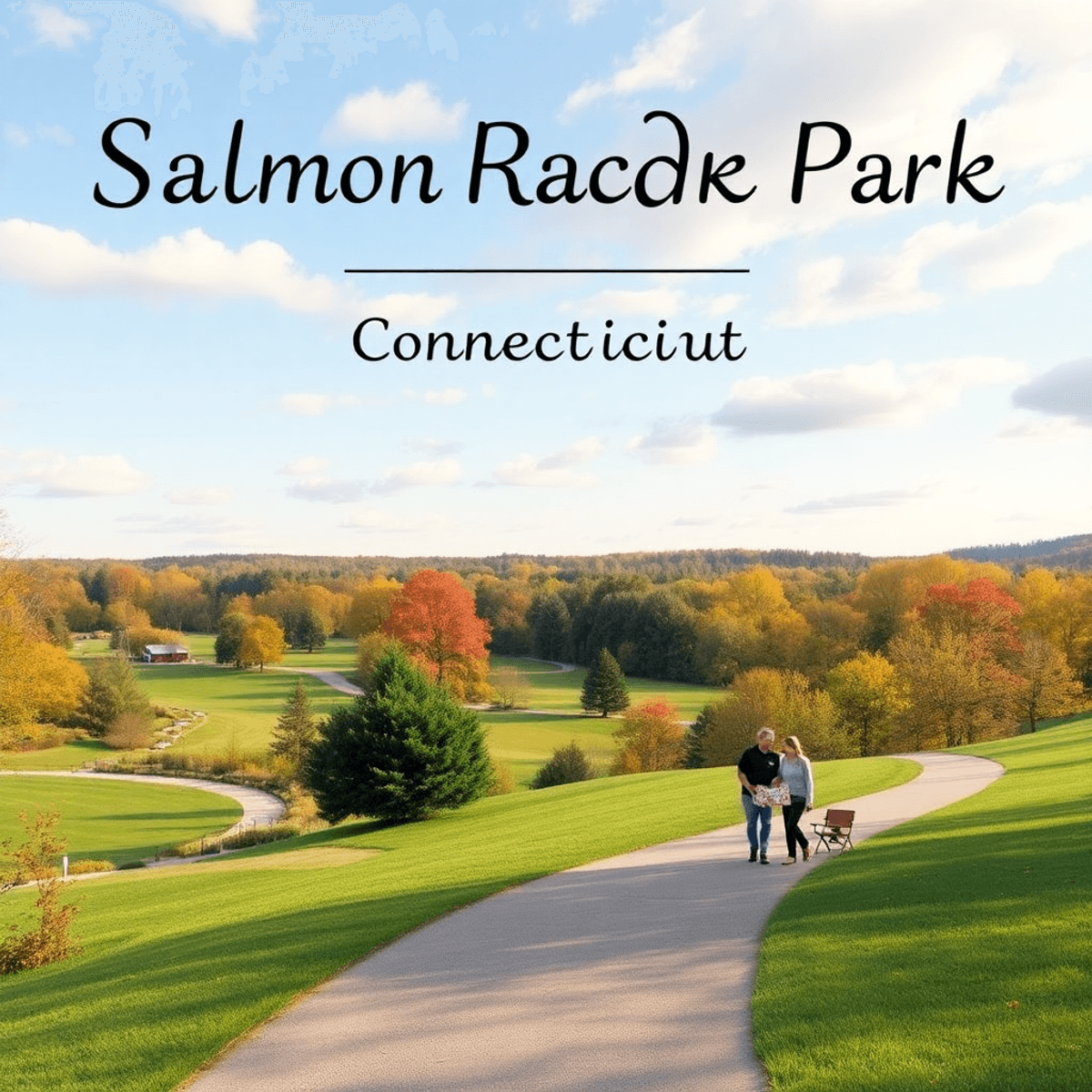 A serene landscape of Salmon Brook Park with walking trails, lush greenery, and a heart-shaped path. A couple enjoys a picnic, creating a warm and ...