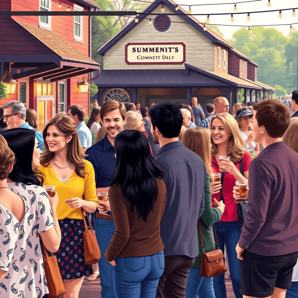 A lively community event in Suffield Depot, Connecticut, featuring people mingling, enjoying food and drinks, and engaging in activities against a ...