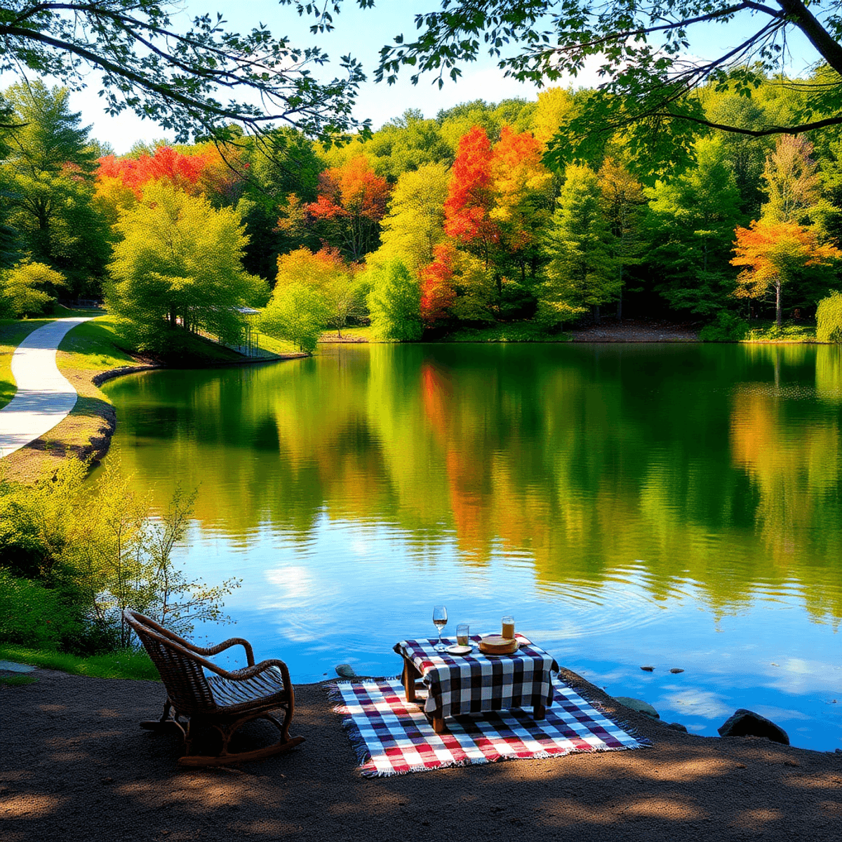 A tranquil lakeside scene at Ball Pond, showcasing clear waters reflecting autumn colors, surrounded by lush greenery and a cozy picnic setup by th...