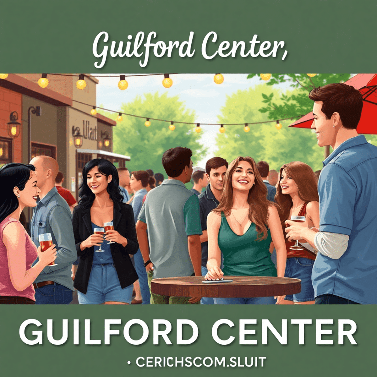 A lively community gathering in Guilford Center, Connecticut, with singles mingling in an outdoor park, enjoying social activities and the inviting...