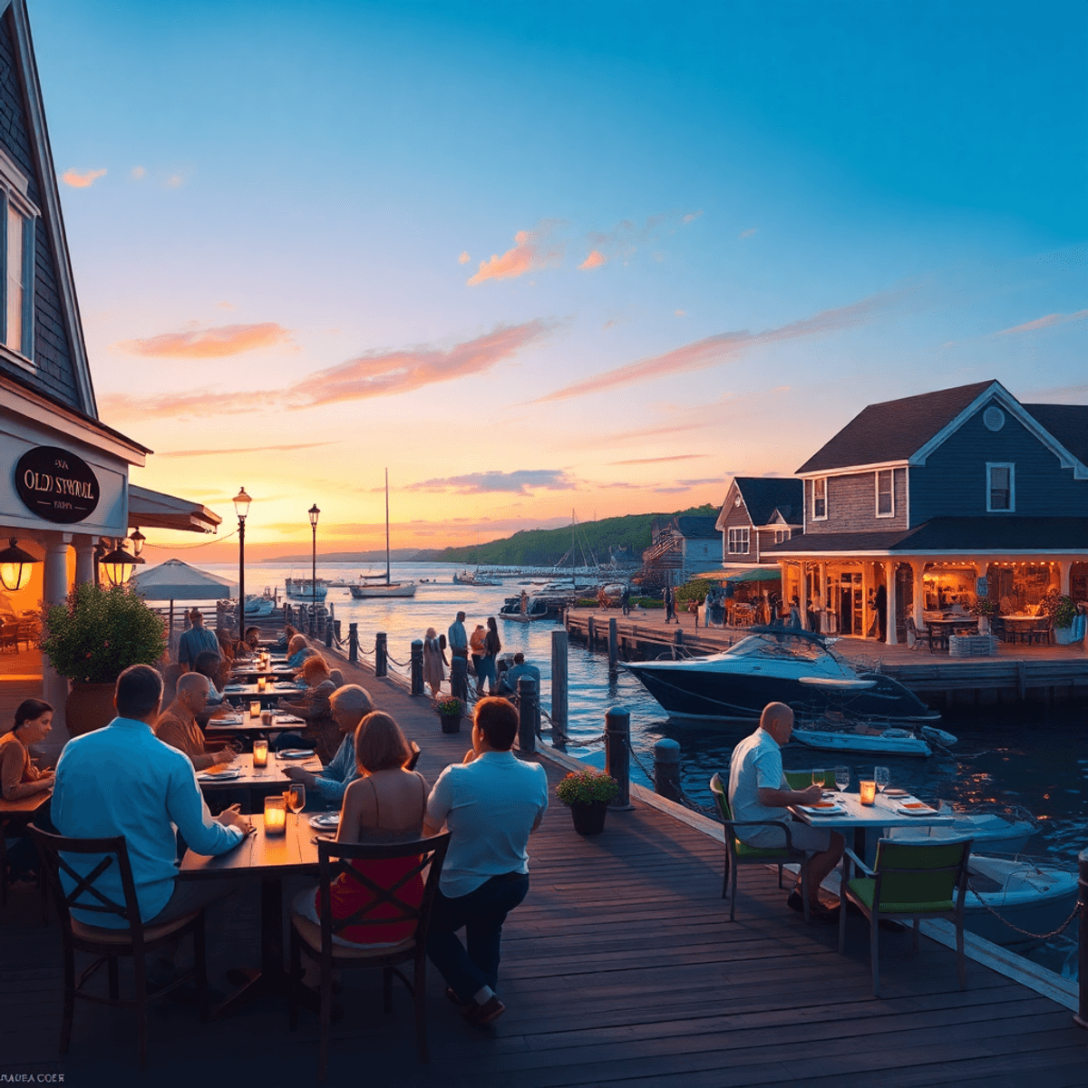 A charming waterfront restaurant in Old Saybrook Center, Connecticut, with couples dining against a sunset sky, overlooking the river and vibrant c...