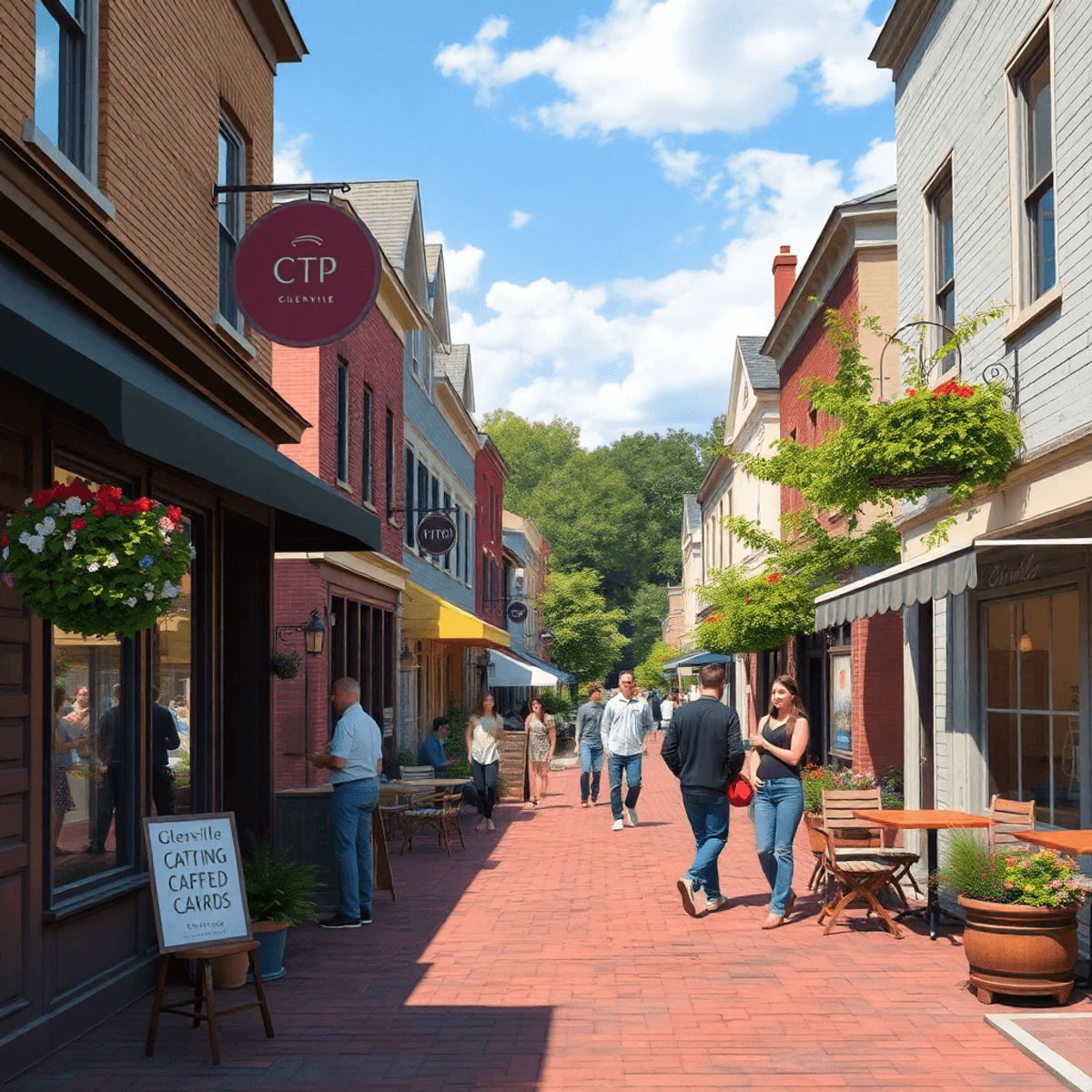 A charming small-town street in Glenville, Connecticut, with quaint shops and cafes, where young professionals engage casually, showcasing communit...
