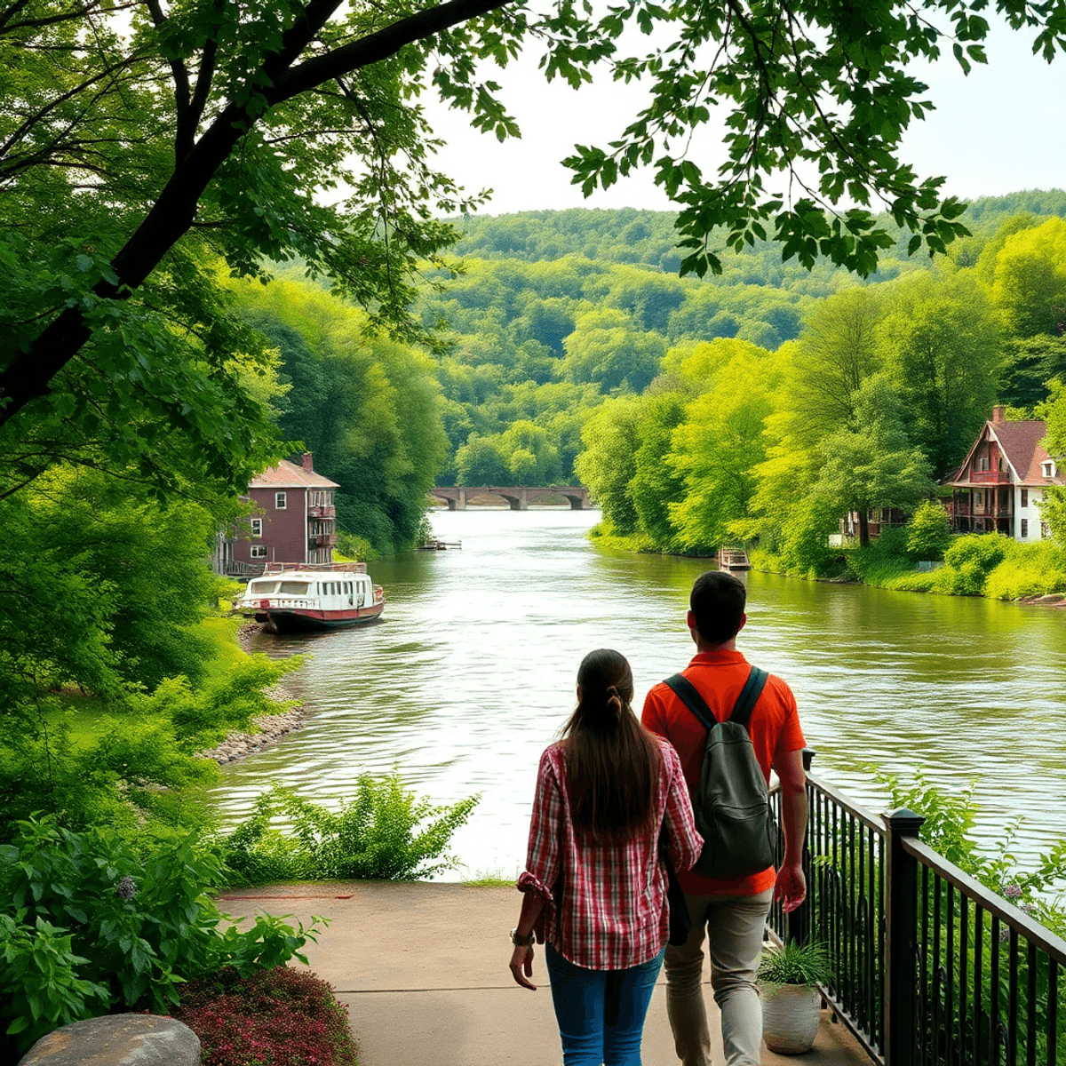 A serene view of the Connecticut River surrounded by lush greenery, with individuals leisurely walking along the riverside, capturing a tranquil an...