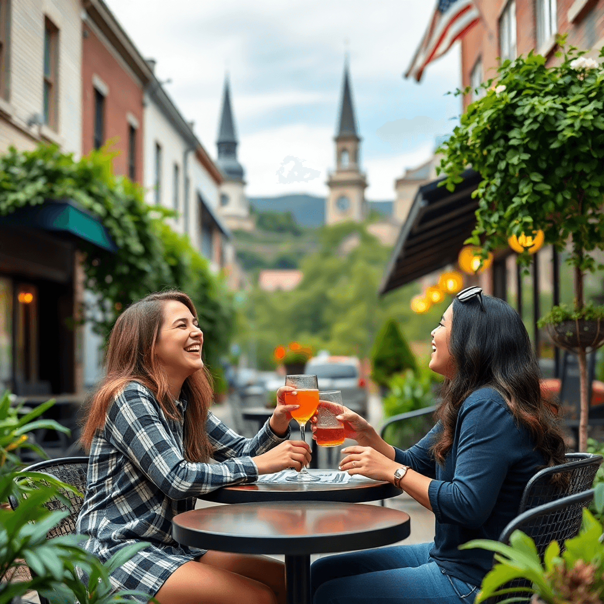 A couple laughing and sharing a drink at an outdoor café, surrounded by lush greenery and charming architecture, capturing the essence of a romanti...