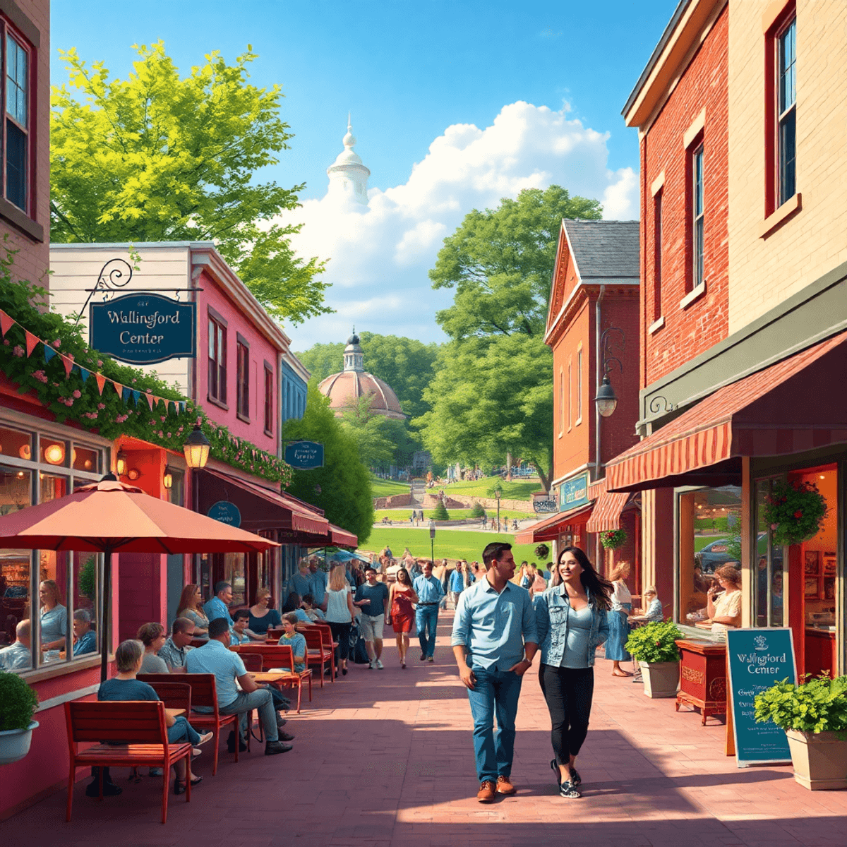 A lively street scene in Wallingford Center, featuring colorful storefronts, cozy cafes, couples walking hand-in-hand, and a picturesque park in th...