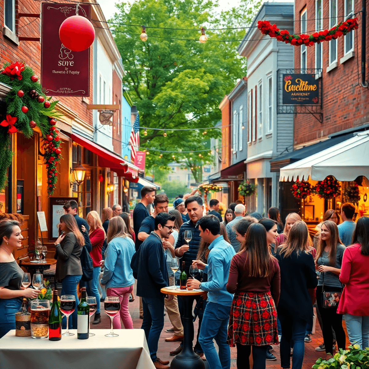 A lively small-town street in Ansonia, Connecticut, featuring a wine-tasting event with singles mingling amid colorful decorations and a warm, invi...