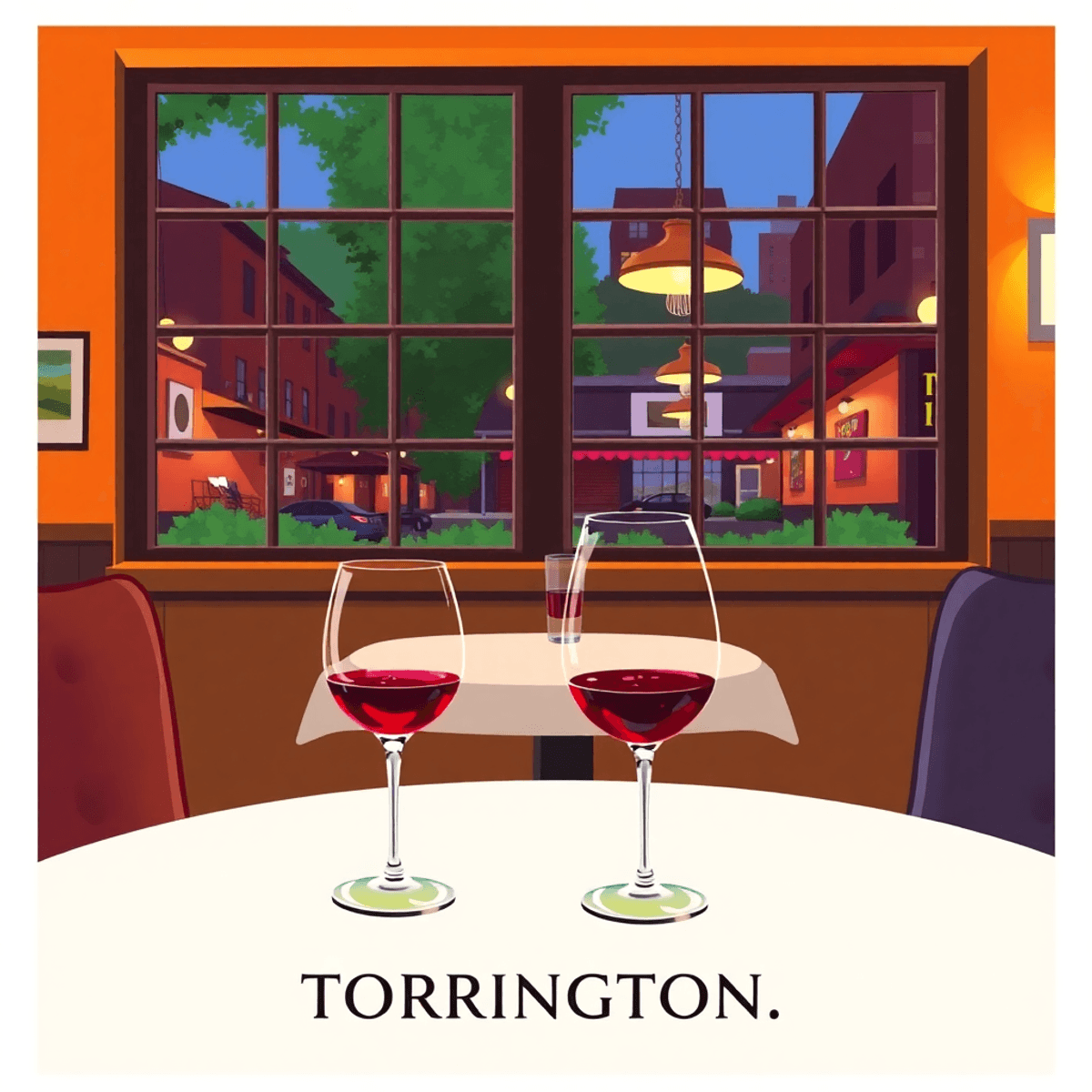 A cozy wine bar setting with a beautifully set table, two glasses of wine, soft lighting, and hints of greenery visible through the windows.