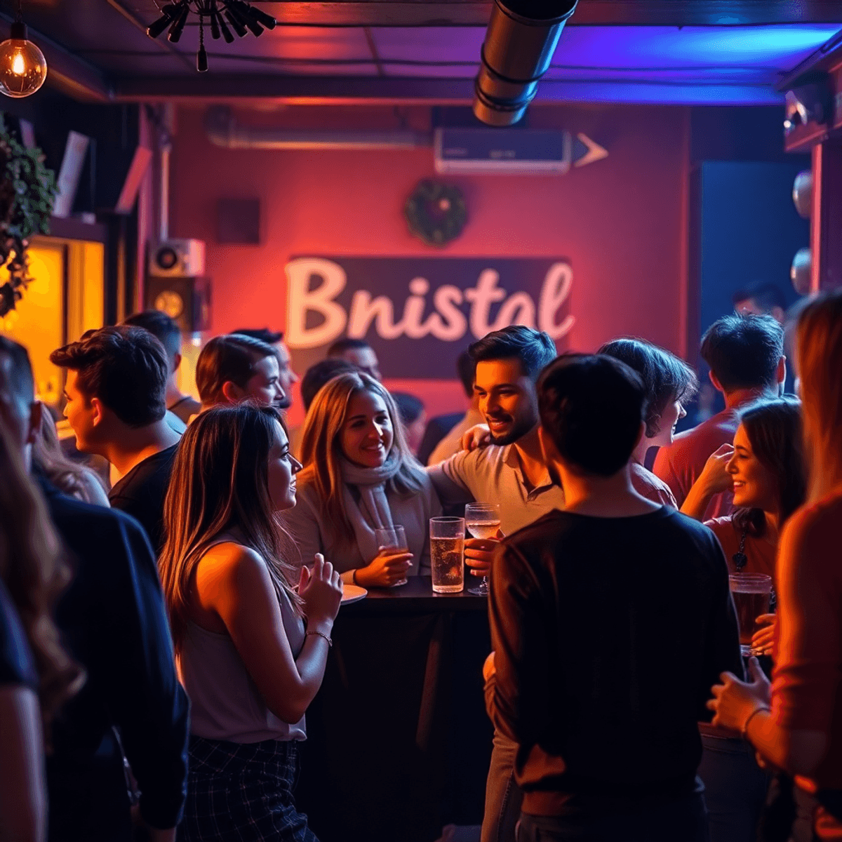 A lively singles event in Bristol with young adults engaging in conversation and activities, set in a cozy environment with warm lighting that enha...