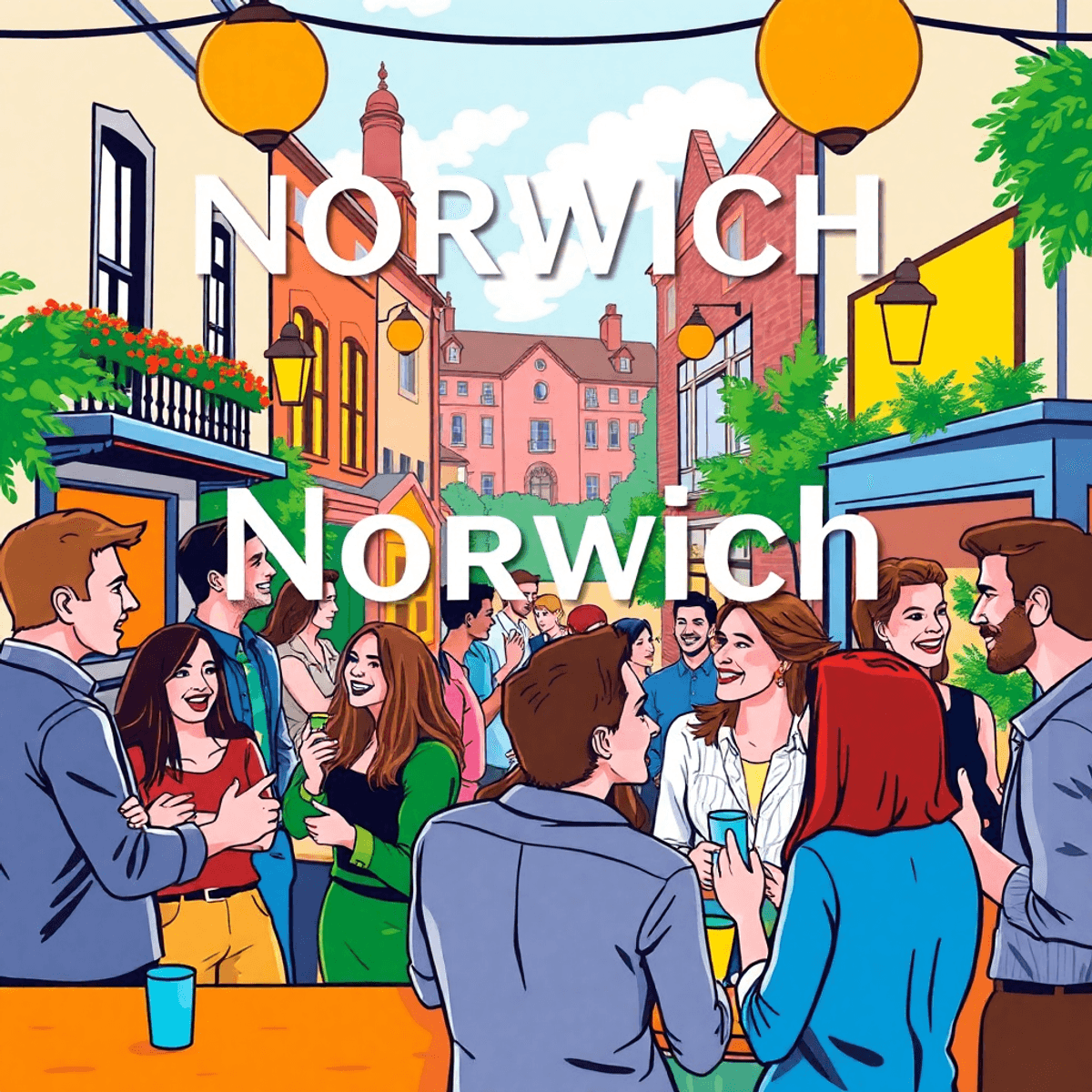 A lively singles event in Norwich, Connecticut, with young professionals and artists engaging in conversation and laughter against a backdrop of hi...
